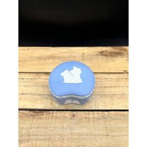 Wedgwood Jasperware Blue Kidney Shaped Trinket Box Chariot Cherubs Horses Lidded